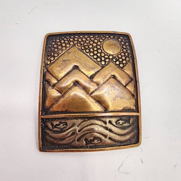 Vintage Copper-Tone Mountain & Fish Scene Brooch Pin Native American Artisan - Picture 1 of 4